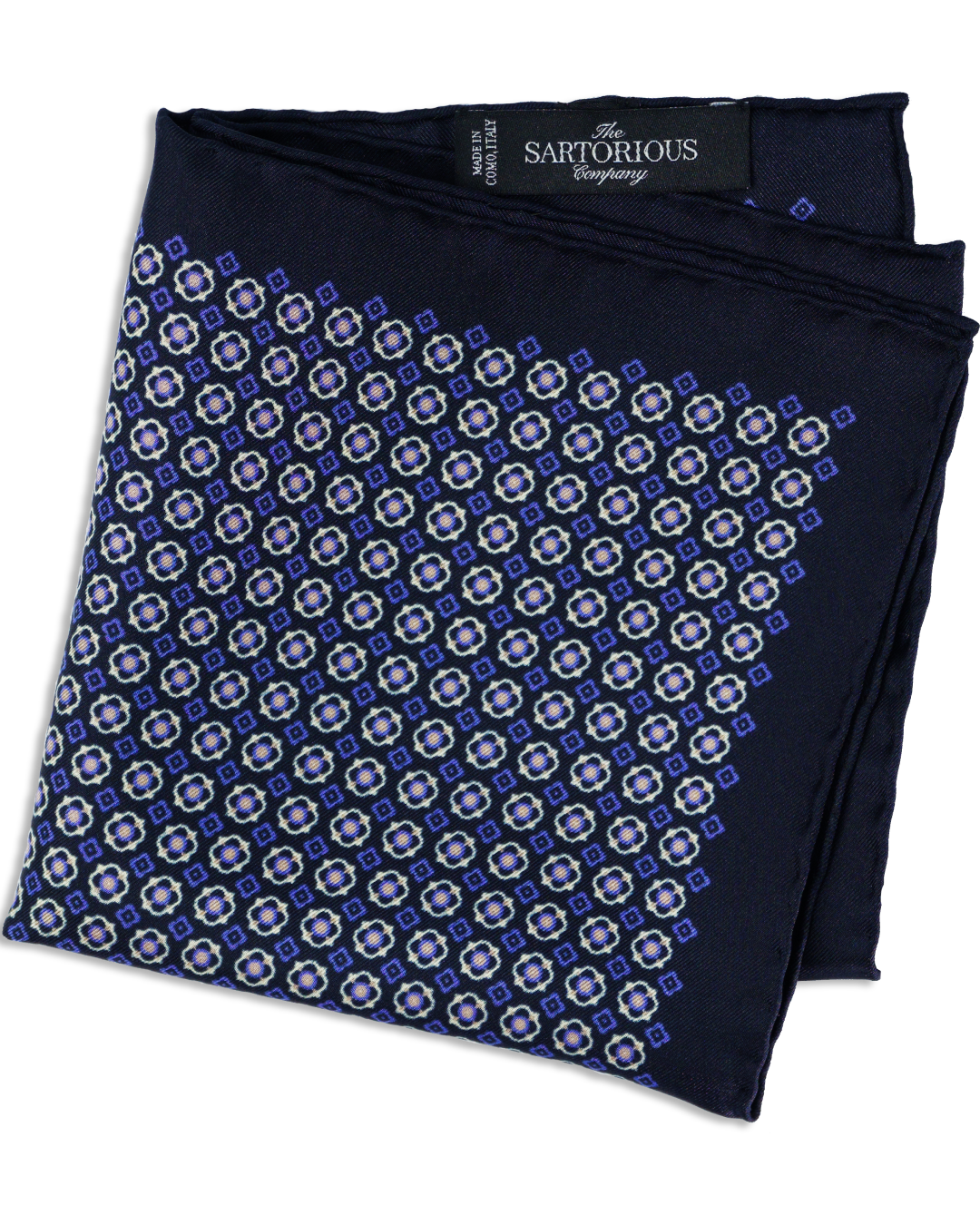 Mitternachtsblaues Einstecktuch mit Medaillon-Muster gefaltet