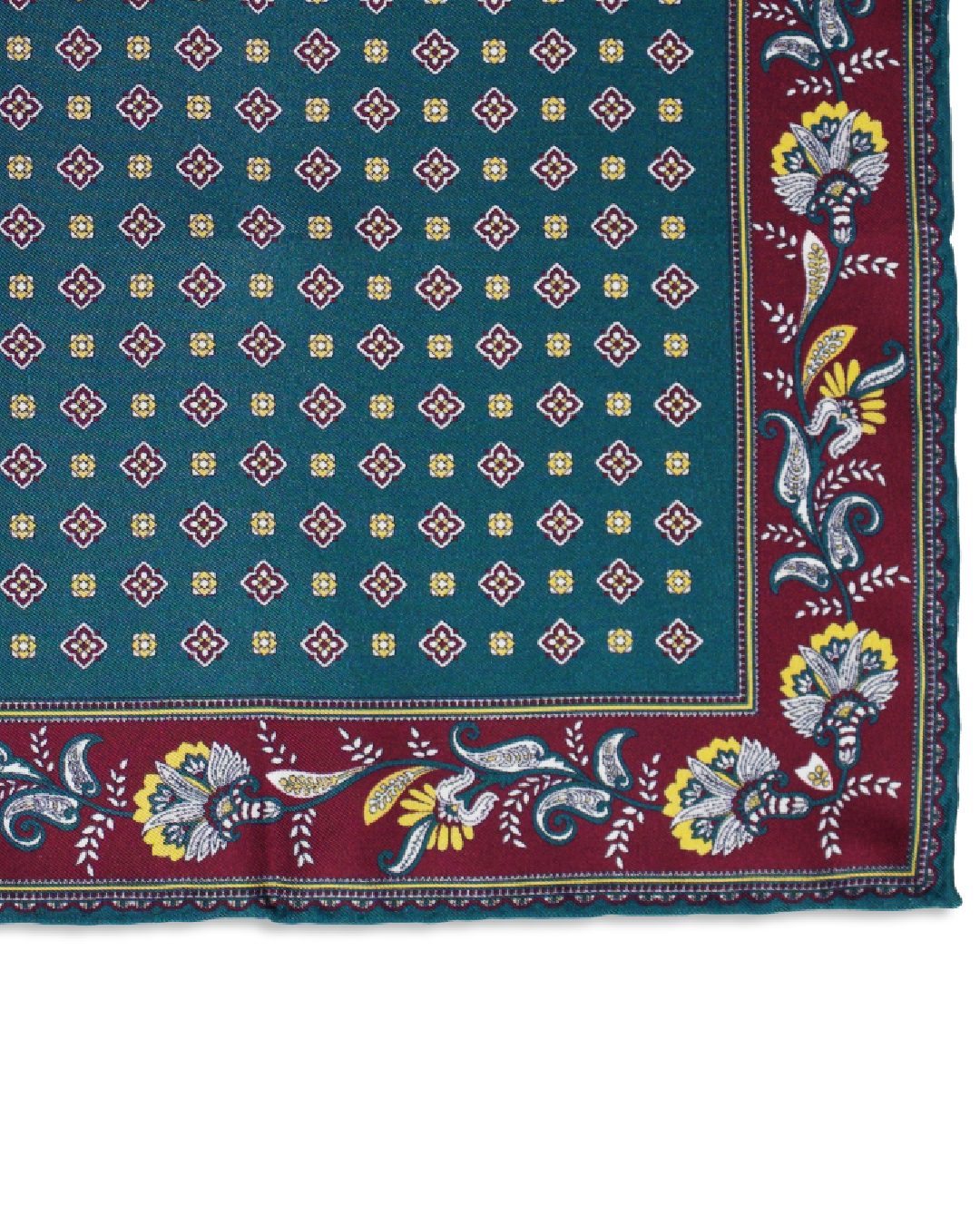 Nahaufnahme des botanischen Musters mit Blumenornamenten auf grünem Seiden-Twill