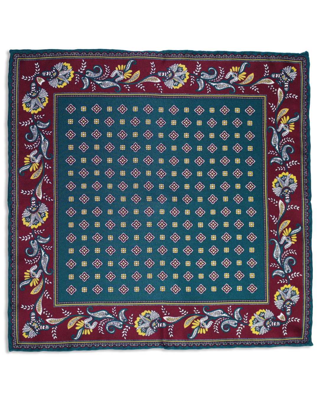 Einstecktuch aus Seiden-Twill in Smaragdgrün mit floralen Ornamenten und Medaillons