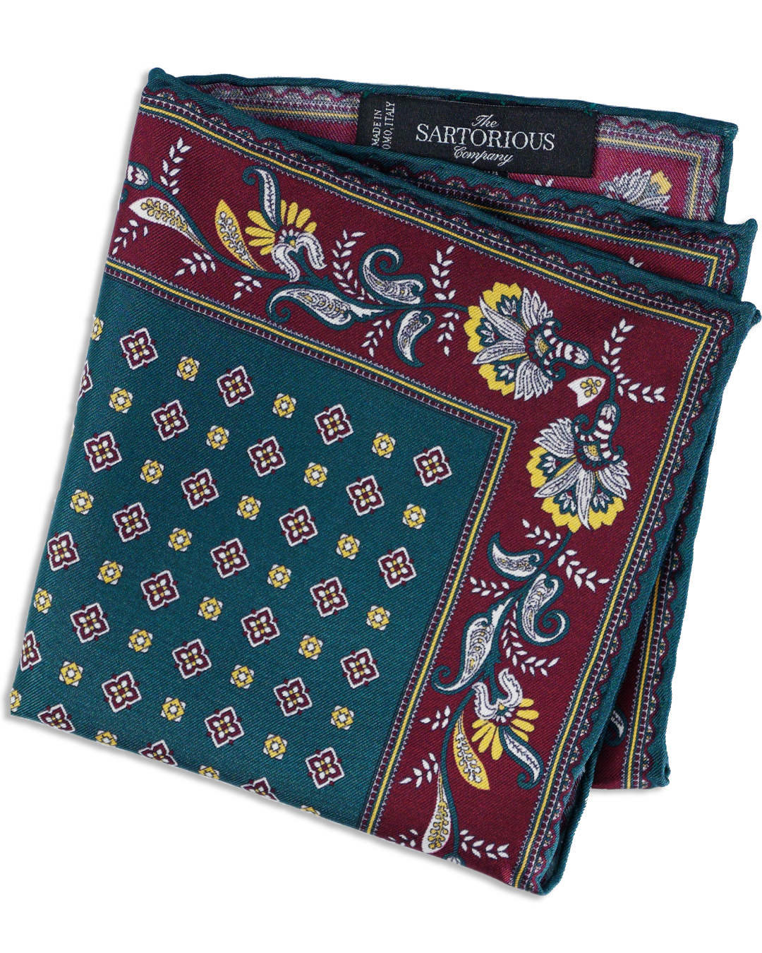 Smaragdgrünes Einstecktuch mit floralem Muster gefaltet