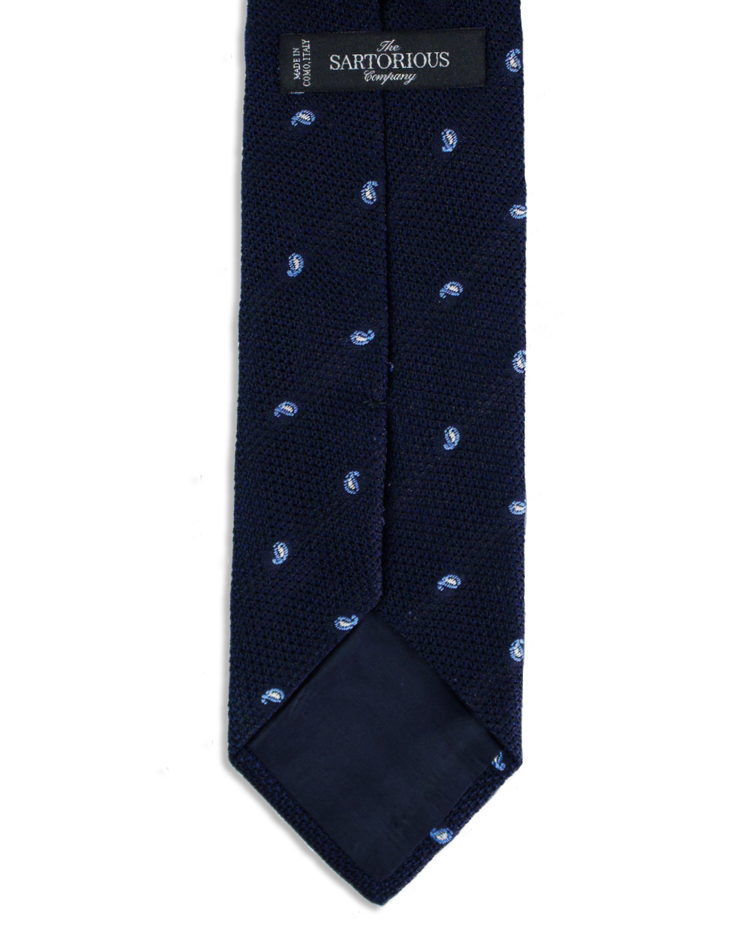 Rückseite der handgefertigten Grenadine-Krawatte mit Woll-Viskose-Einlage aus Como